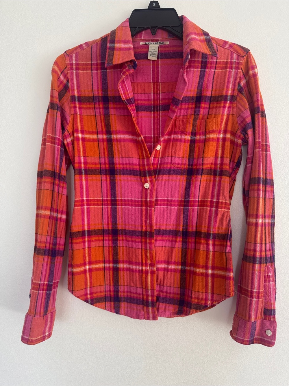 Kut from the Kloth Pink and Orange Plaid Button-Down Shirt